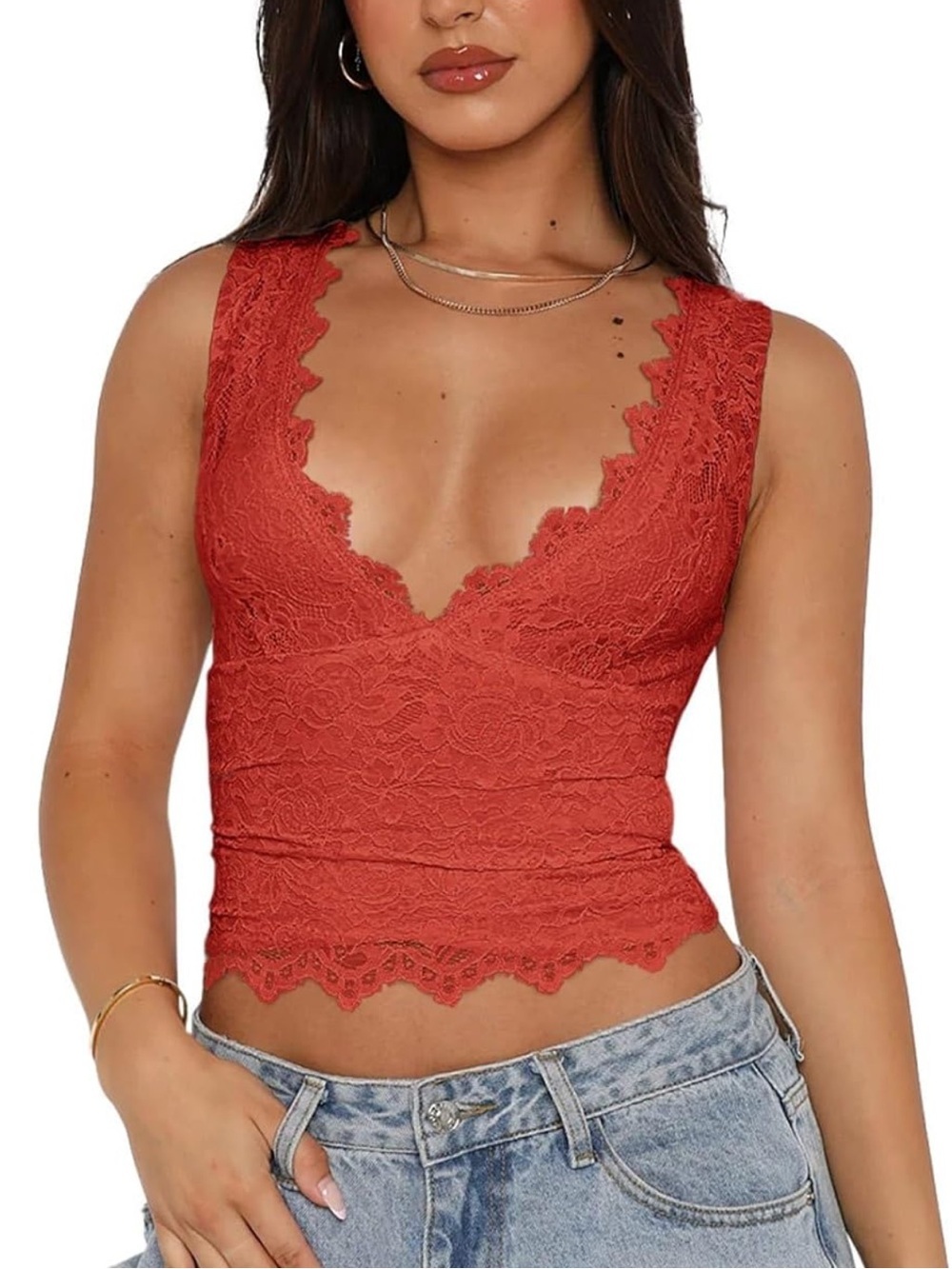 ReoRia Burnt Orange Lace V-Neck Sleeveless Top